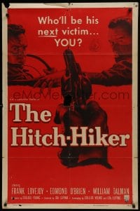 1j439 HITCH-HIKER style A 1sh 1953 POV art of hitchhiker in back seat pointing gun at front!