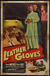 1j519 LEATHER GLOVES 1sh 1948 boxing Cameron Mitchell takes a swing, holds Virginia Grey!