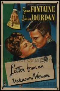 1j525 LETTER FROM AN UNKNOWN WOMAN 1sh 1948 romantic close up art of Joan Fontaine & Louis Jourdan!
