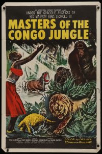 1j575 MASTERS OF THE CONGO JUNGLE style B 1sh 1960 art of native, pangolin, guerillas, hippo & lion!
