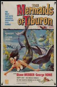 1j580 MERMAIDS OF TIBURON 1sh 1962 art of sexy mermaid & shark, plunge into undersea adventure!