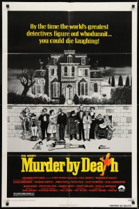 1j593 MURDER BY DEATH 1sh 1976 great Charles Addams art of cast by dead body, yellow title design!