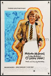 1j623 O LUCKY MAN int'l 1sh 1973 artwork of Malcolm McDowell, directed by Lindsay Anderson!