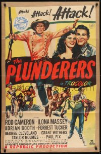 1j667 PLUNDERERS 1sh 1948 Rod Cameron, Ilona Massey, cool cast montage art!
