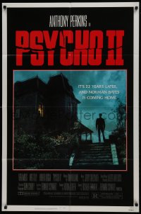 1j683 PSYCHO II 1sh 1983 Anthony Perkins as Norman Bates, cool creepy image of classic house!
