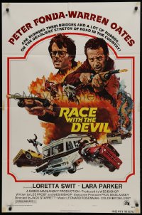 1j689 RACE WITH THE DEVIL style A 1sh 1975 Peter Fonda & Warren Oates are burning bridges & rubber!