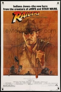 1j691 RAIDERS OF THE LOST ARK 1sh 1981 great art of adventurer Harrison Ford by Richard Amsel!