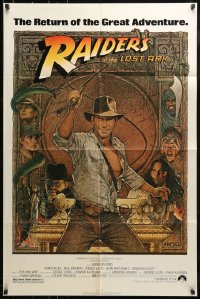 1j692 RAIDERS OF THE LOST ARK 1sh R1980s great art of adventurer Harrison Ford by Richard Amsel!
