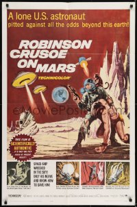 1j716 ROBINSON CRUSOE ON MARS 1sh 1964 cool sci-fi art of Paul Mantee & his man Friday!