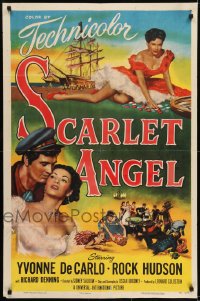 1j751 SCARLET ANGEL 1sh 1952 artwork of sailor Rock Hudson & sexy gambling Yvonne DeCarlo!