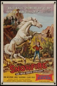 1j798 SNOWFIRE 1sh 1958 McGowan family directs & stars, Ken Sawyer art of wild white stallion!