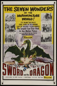 1j869 SWORD & THE DRAGON 1sh 1960 cool fantasy art of three-headed winged monster attacking!
