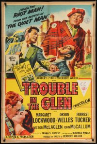 1j918 TROUBLE IN THE GLEN 1sh 1954 art of Orson Welles & Margaret Lockwood in Scotland!