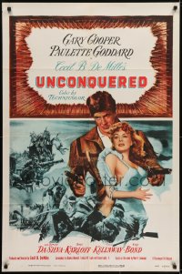 1j924 UNCONQUERED 1sh R1955 art of Gary Cooper with sexy Paulette Goddard & two guns!