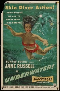 1j926 UNDERWATER 1sh 1955 Howard Hughes, art of sexiest skin diver Jane Russell swimming by shark!