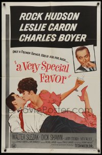 1j936 VERY SPECIAL FAVOR 1sh 1965 Rock Hudson kisses sexy Leslie Caron, Charles Boyer!