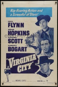 1j944 VIRGINIA CITY 1sh R1951 Errol Flynn, Humphrey Bogart & Randolph Scott, Hopkins!