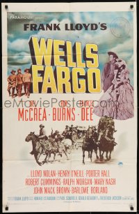 1j959 WELLS FARGO 1sh R1958 cool title treatment & art of rider, steamboat & stage taming the West!