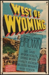 1j960 WEST OF WYOMING 1sh 1950 Johnny Mack Brown standing with gun drawn & on horse on hilltop!