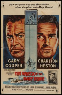 1j988 WRECK OF THE MARY DEARE 1sh 1959 portrait artwork of Gary Cooper & Charlton Heston!