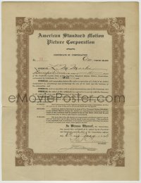 1m040 AMERICAN STANDARD MOTION PICTURE CORPORATION stock certificate 1915 Marks bought 10 shares!