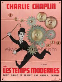 1p767 MODERN TIMES French 1p R1970s Leo Kouper art of Charlie Chaplin running by giant gears!
