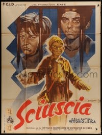 1p871 SHOESHINE French 1p R1950s Vittorio De Sica's classic Sciuscia, wonderful art by R.V.!