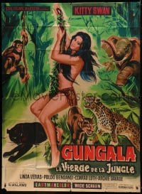 1p953 VIRGIN OF THE JUNGLE French 1p 1967 art of sexy near-naked Kitty Swan swinging on vine!