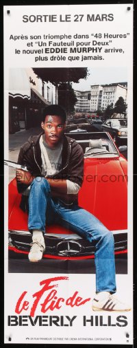 1p441 BEVERLY HILLS COP French door panel 1985 cop Eddie Murphy as Axel Foley sitting on Mercedes!