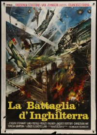 1p337 EAGLES OVER LONDON Italian 1p R1970s Van Johnson, really cool artwork of WWII aerial battle!
