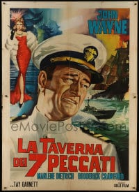 1p169 SEVEN SINNERS Italian 2p R1966 diifferent art of uniformed John Wayne & Marlene Dietrich!