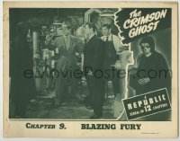 1r453 CRIMSON GHOST chap 9 LC 1946 c/u of spooky title character pointing gun at men in laboratory!