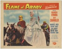 1r513 FLAME OF ARABY LC #4 1951 close up of beautiful Maureen O'Hara & Jeff Chandler on horses!