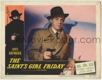 1r792 SAINT'S GIRL FRIDAY LC #2 1954 best close up of Louis Hayward in trench coat pointing gun!