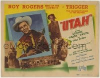 1r282 UTAH TC 1945 close up of Roy Rogers playing guitar & riding Trigger, Dale Evans, Gabby Hayes