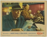 1r985 WRONG MAN LC #6 1957 Alfred Hitchcock shown reading newspaper behind smoking Henry Fonda!