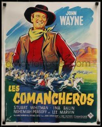 1t526 COMANCHEROS French 18x22 R1960s great Grinsson artwork of cowboy John Wayne, Michael Curtiz!