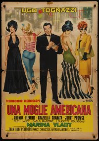 1t253 RUN FOR YOUR WIFE Italian 1sh 1966 wacky art of Ugo Tognazzi shopping for wives by Symeoni!