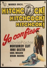 1t142 I CONFESS Spanish R1963 Alfred Hitchcock, art of Montgomery Clift grabbing Anne Baxter!