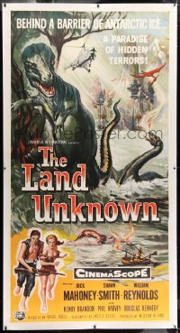 1w066 LAND UNKNOWN linen 3sh 1957 paradise of hidden terrors, great different art of dinosaurs!