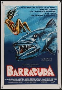1w076 BARRACUDA linen Argentinean 1979 cool art of huge killer fish attacking sexy diver in bikini!