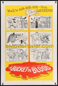 1w096 BUCKET OF BLOOD linen 1sh 1959 Roger Corman, AIP, great RLL cartoon comic monster art!