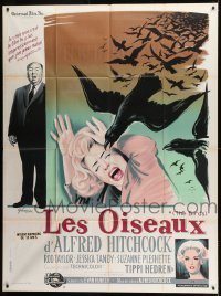 1w043 BIRDS French 1p 1963 different Grinsson art with Tandy, Tippi Hedren & Alfred Hitchcock