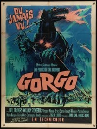 1w049 GORGO French 1p 1961 great artwork of giant monster terrorizing city by Roger Soubie!