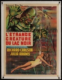 1w075 CREATURE FROM THE BLACK LAGOON linen French 24x31 R1962 art of monster looming over Julia Adams!