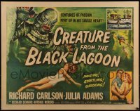 1w013 CREATURE FROM THE BLACK LAGOON style A 1/2sh 1954 art of monster & sexy Julie Adams in water!