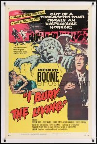 1w105 I BURY THE LIVING linen 1sh 1958 out of a time-rotted tomb crawls an unspeakable horror!