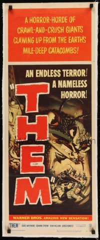1w004 THEM linen insert 1954 classic sci-fi, art of horror horde of giant bugs terrorizing people!