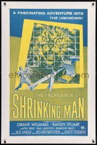 1w106 INCREDIBLE SHRINKING MAN linen 1sh R1964 Jack Arnold, classic art of tiny man & giant cat!