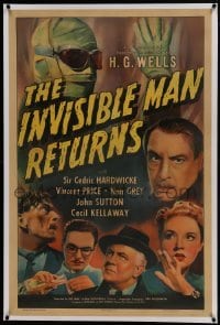 1w109 INVISIBLE MAN RETURNS linen 1sh 1940 Vincent Price, Cedric Hardwicke, H.G. Wells, ultra rare!